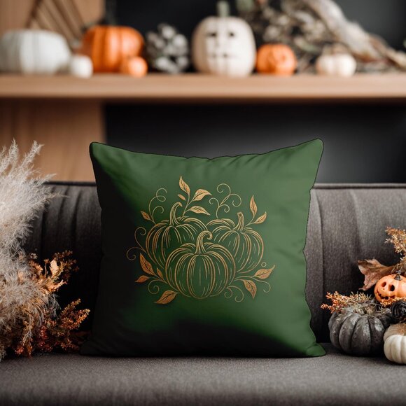Autumn Pumpkin Floral Square Pillowcase - Green - Picture 2 of 8